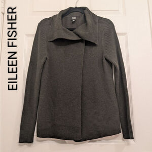 Women's FLAWED EILEEN FISHER Dark Green Merino Wool Cardigan M